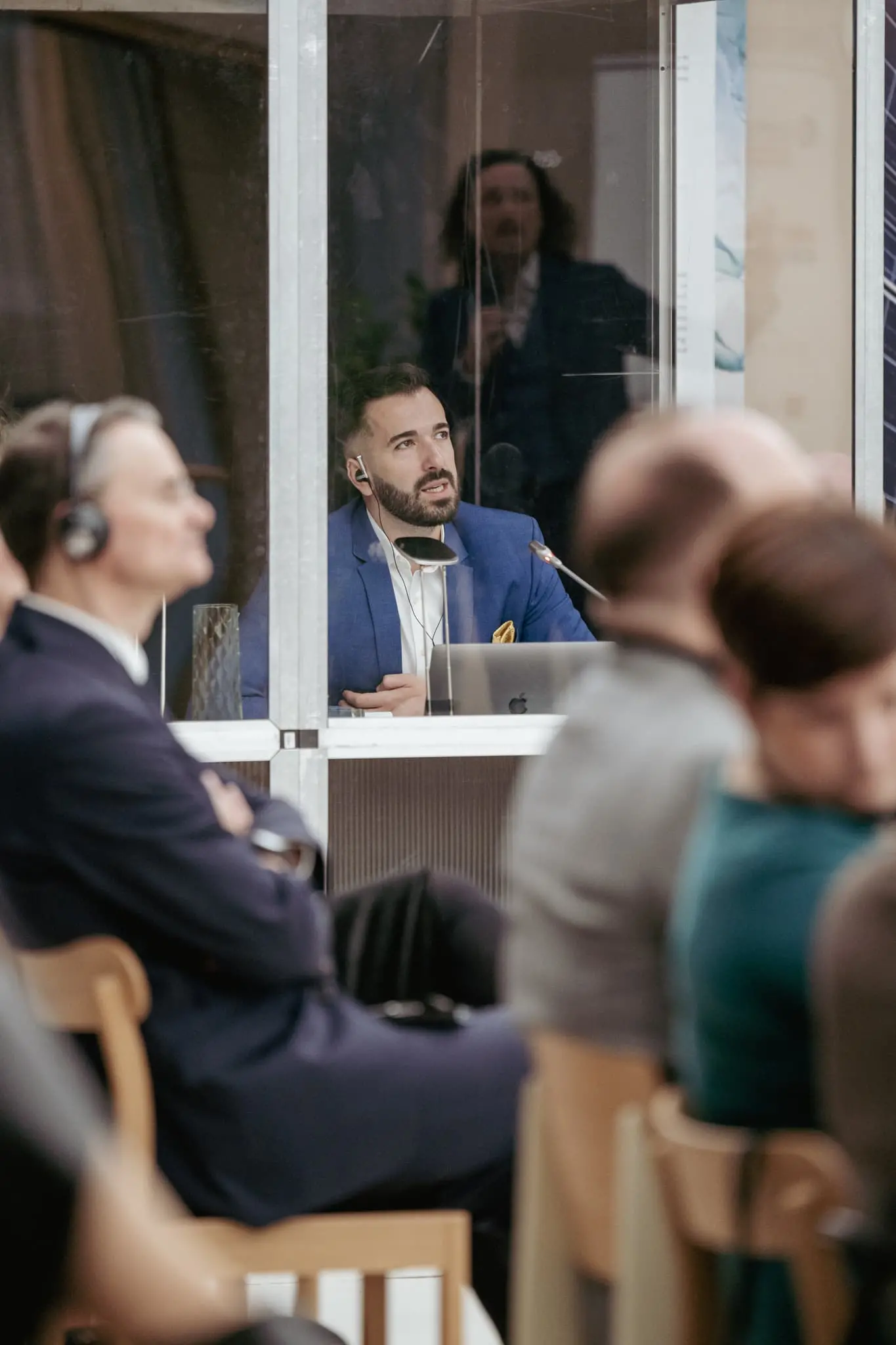 Professional simultaneous interpreting conference booth setup with soundproof enclosure